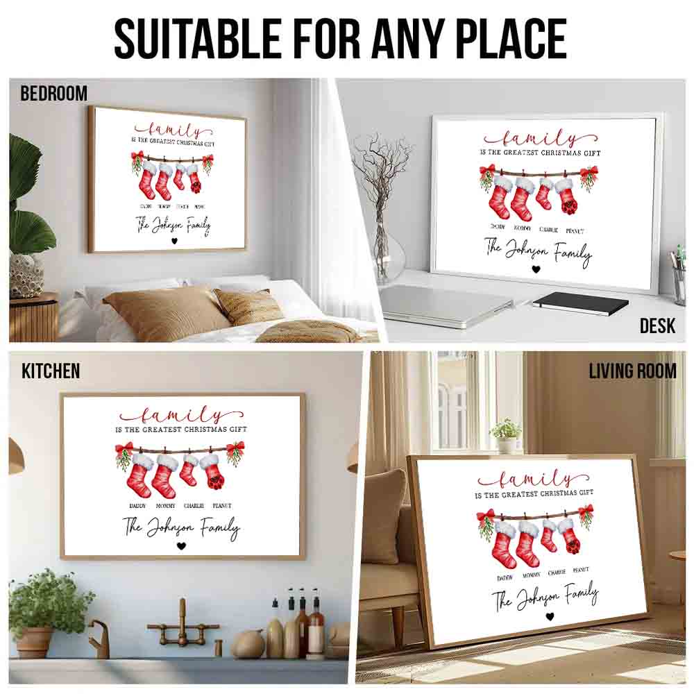 Personalized Family Is The Greatest Christmas Gift canvas print, room placement ideas for bedroom, desk, kitchen and