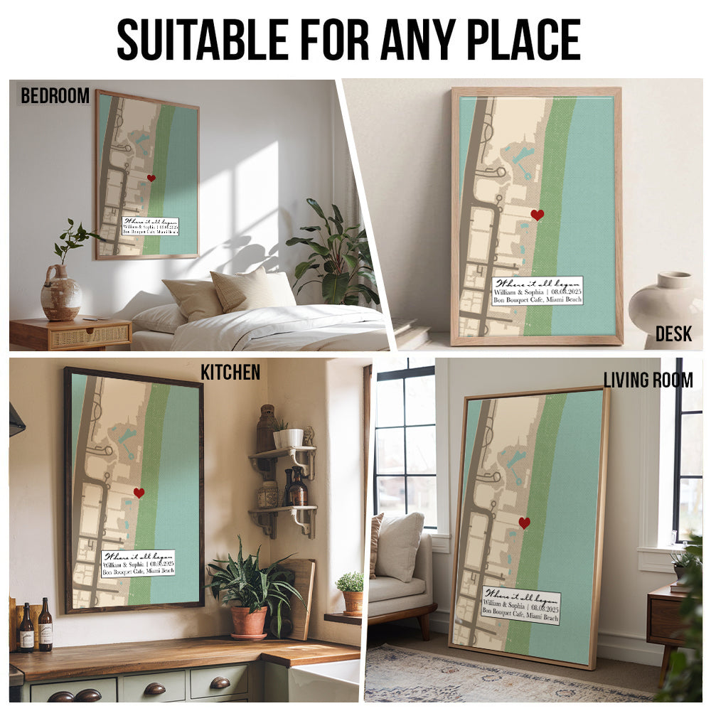 Personalized Where It All Began Where We Met Map Couple poster, kitchen and living room