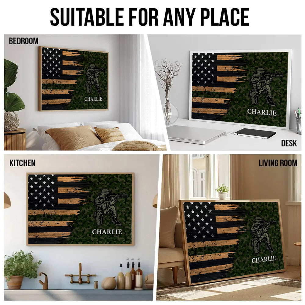 Half Thin Green Line Patriotic American Flag - Personalized Poster - Gift For Army, Military Veteran Dad Grandpa Veteran