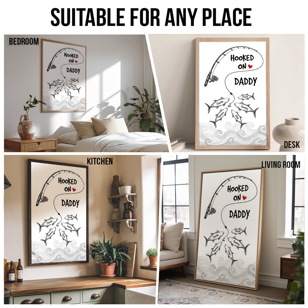 Personalized Fishes Hooked On Daddy Grandpa poster, kitchen and living room