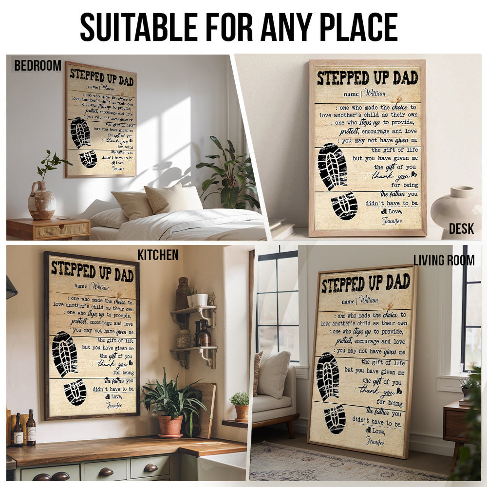 Personalized Stepped Up Dad Happy Father's Day canvas print, room placement ideas for bedroom, desk, kitchen and living room