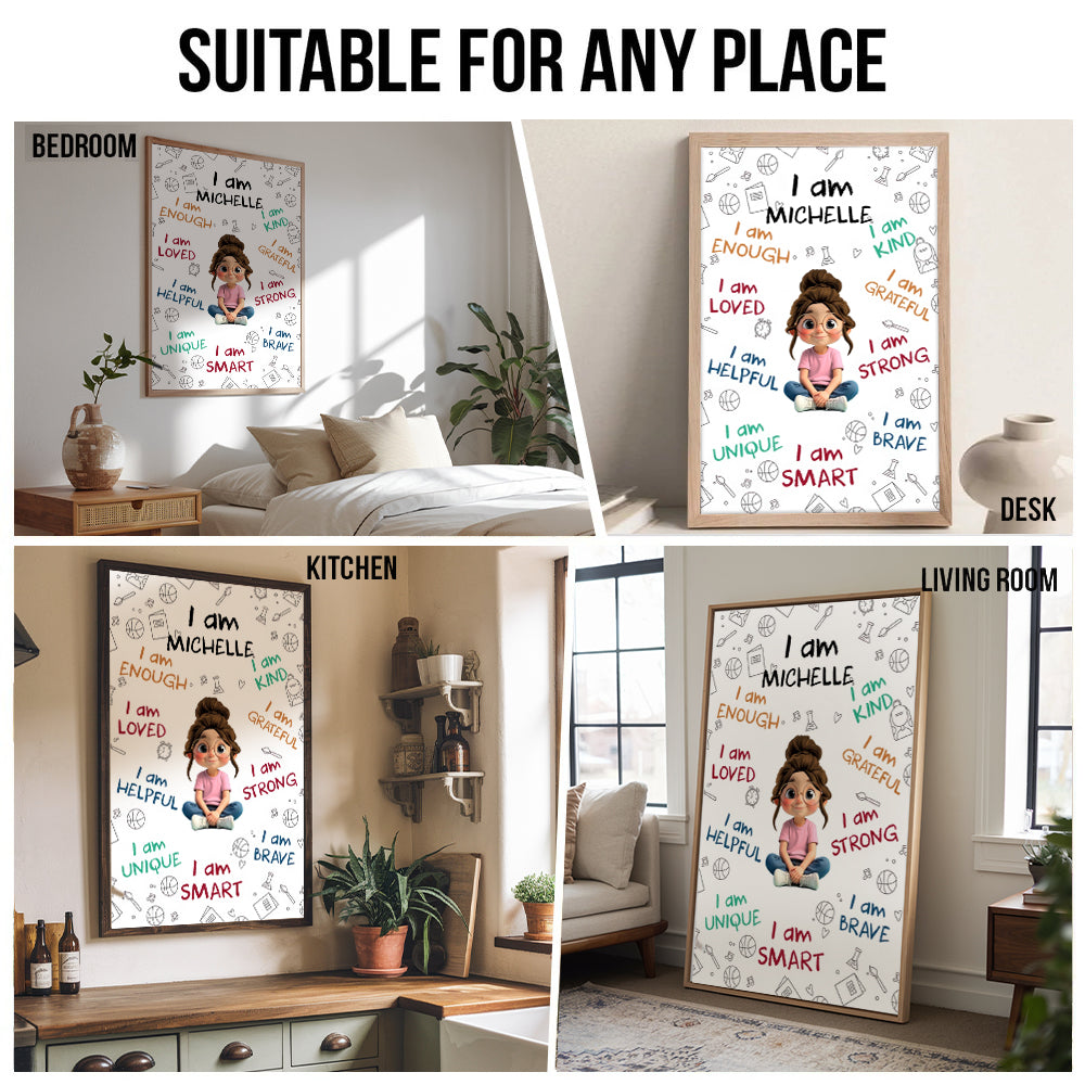 Personalized I Am Enough, Loved, Helpful, Unique, Smart canvas print, room placement ideas for bedroom, desk, kitchen and