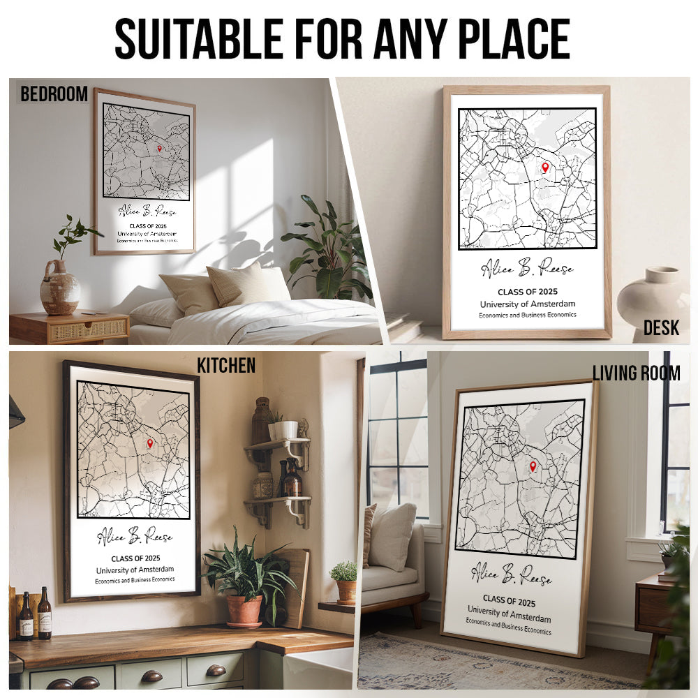 Graduation Gift Map Print - Personalized Poster/Canvas Print - Graduation Gifts, Presents & Ideas For Her/Him, Grad Ceremony, Commencement, Convocation, College & University