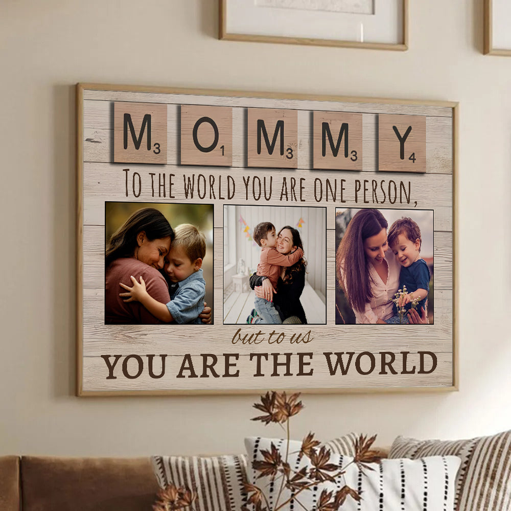 Personalized Mom's Custom Photo Canvas print, framed in a bright living room