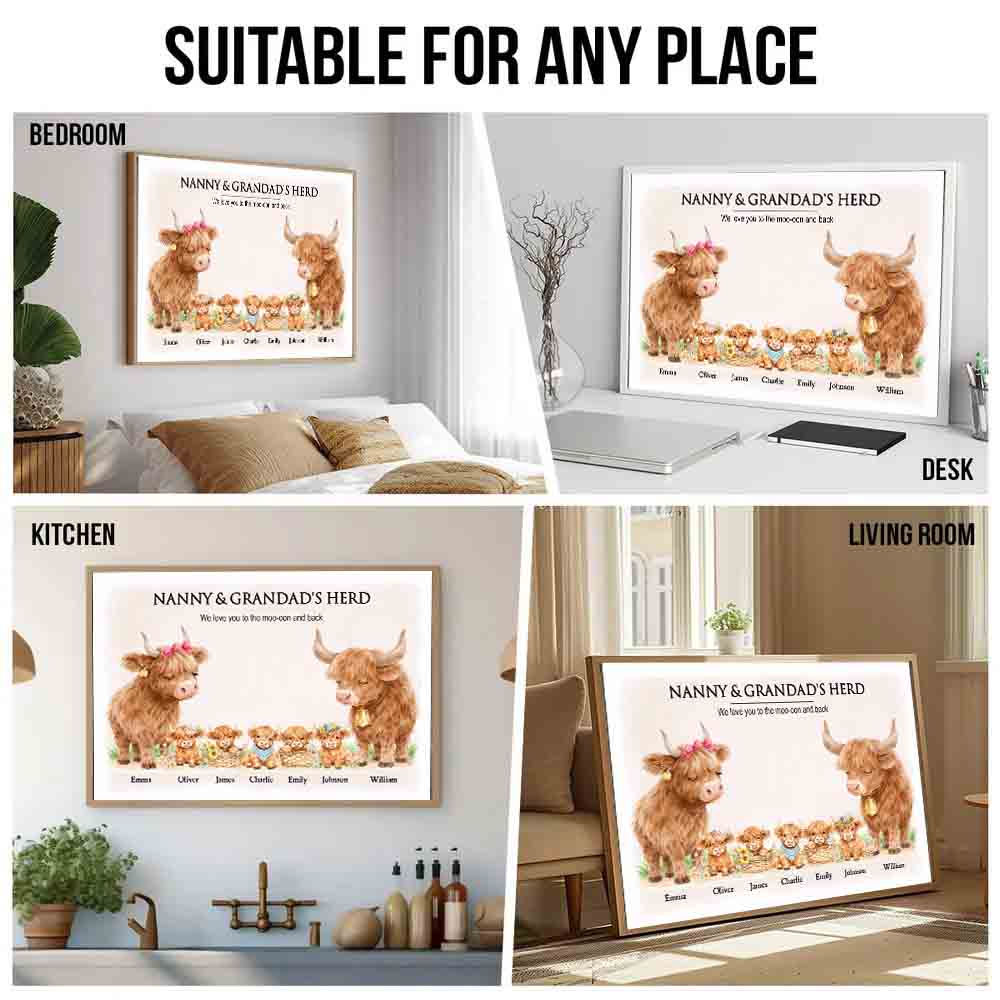 Grandparents's Herd Highland Cow Family - Personalized Poster/Canvas Prints - Gift For Grandma, Grandpa, Grandparents