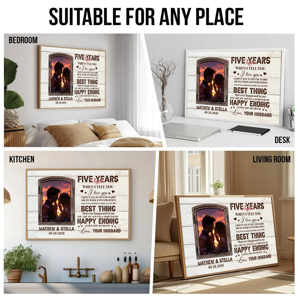 Custom Photo Five Years Together Couple - Personalized Poster/Canvas Print - Gift For Her/Him, Husband/Wife, Couples on Anniversary, Valentine's Day