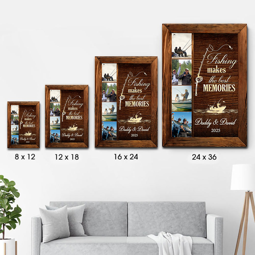 Custom Photo Fishing Makes The Best Memories poster, size options shown on a sofa wall