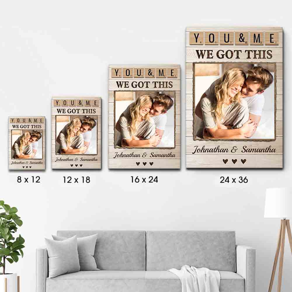 Custom Photo Couple Together Is Our Favorite Place To Be poster, size options shown on a sofa wall