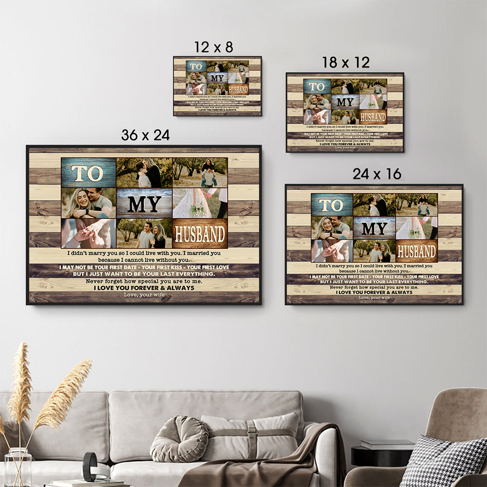 Custom Photo To My Husband poster, size options shown on a sofa wall