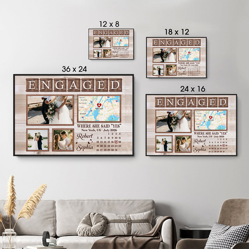 Custom Photo Engagement Couple poster, size options shown on a sofa wall