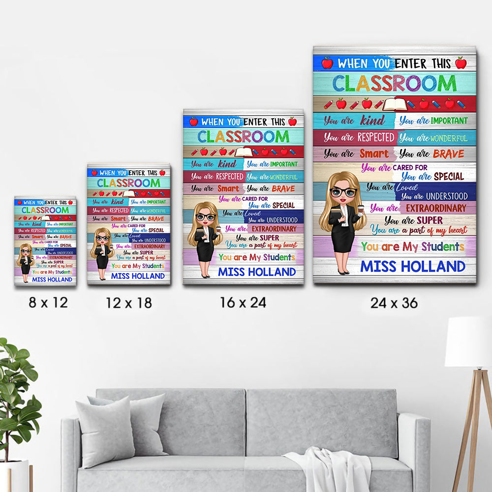 Personalized Colorful Doll Teacher Classroom Welcome poster, size options shown on a sofa wall