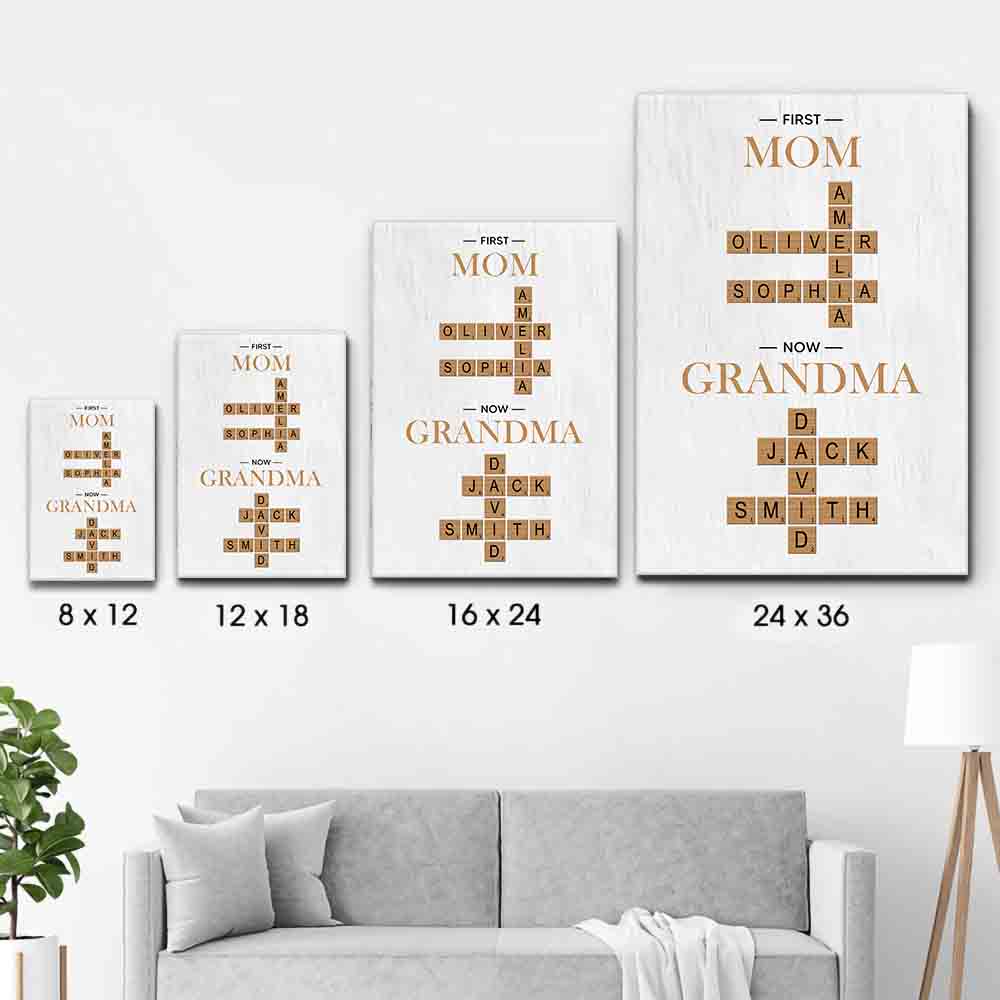 Grandma's Personalized Crossword Canvas: "First Mom Now Grandma" Custom Scrabble Wall Art - Unique Mother's Day or Birthday Gift for Nana