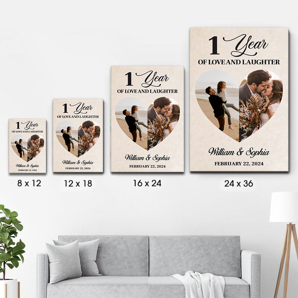 Custom Photo 1 Year Of Love And Laughter Couple poster, size options shown on a sofa wall