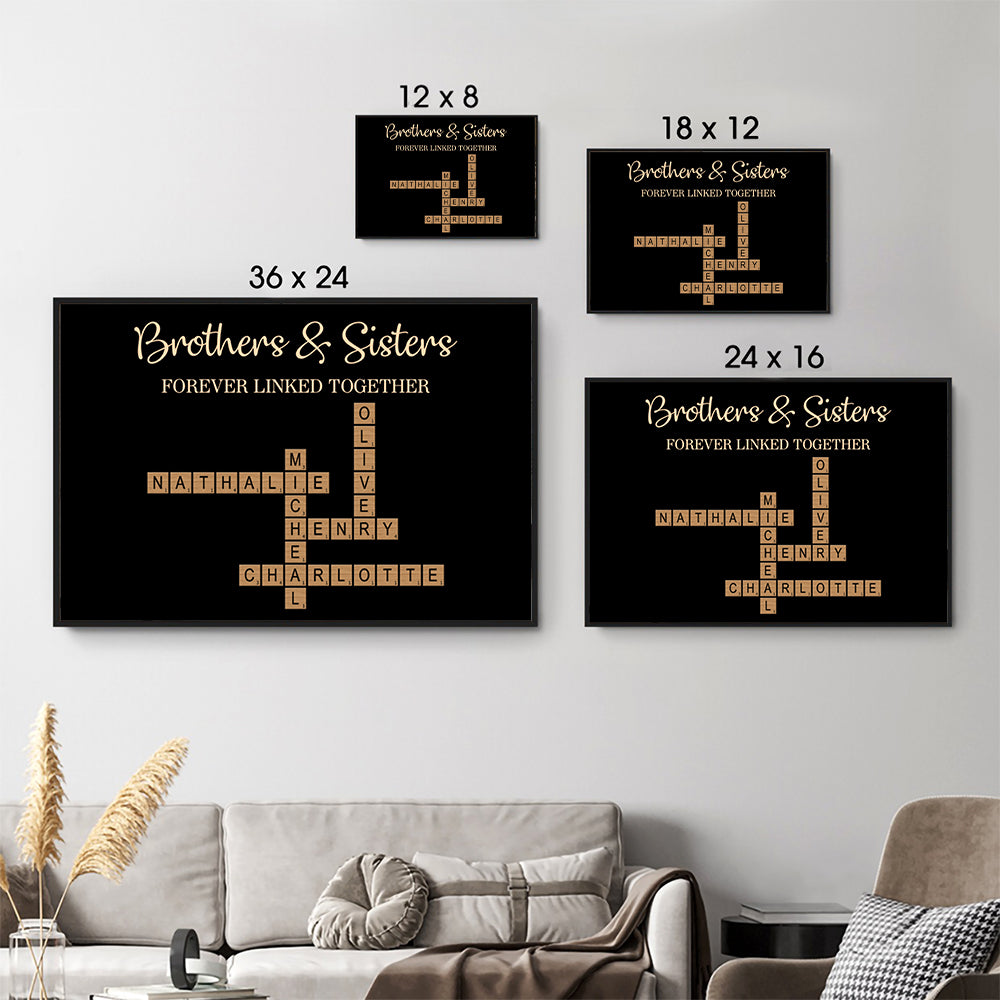 Personalized Crossword Puzzle Art Brothers & Sisters Forever Linked Toget canvas print, size options shown on a sofa wall