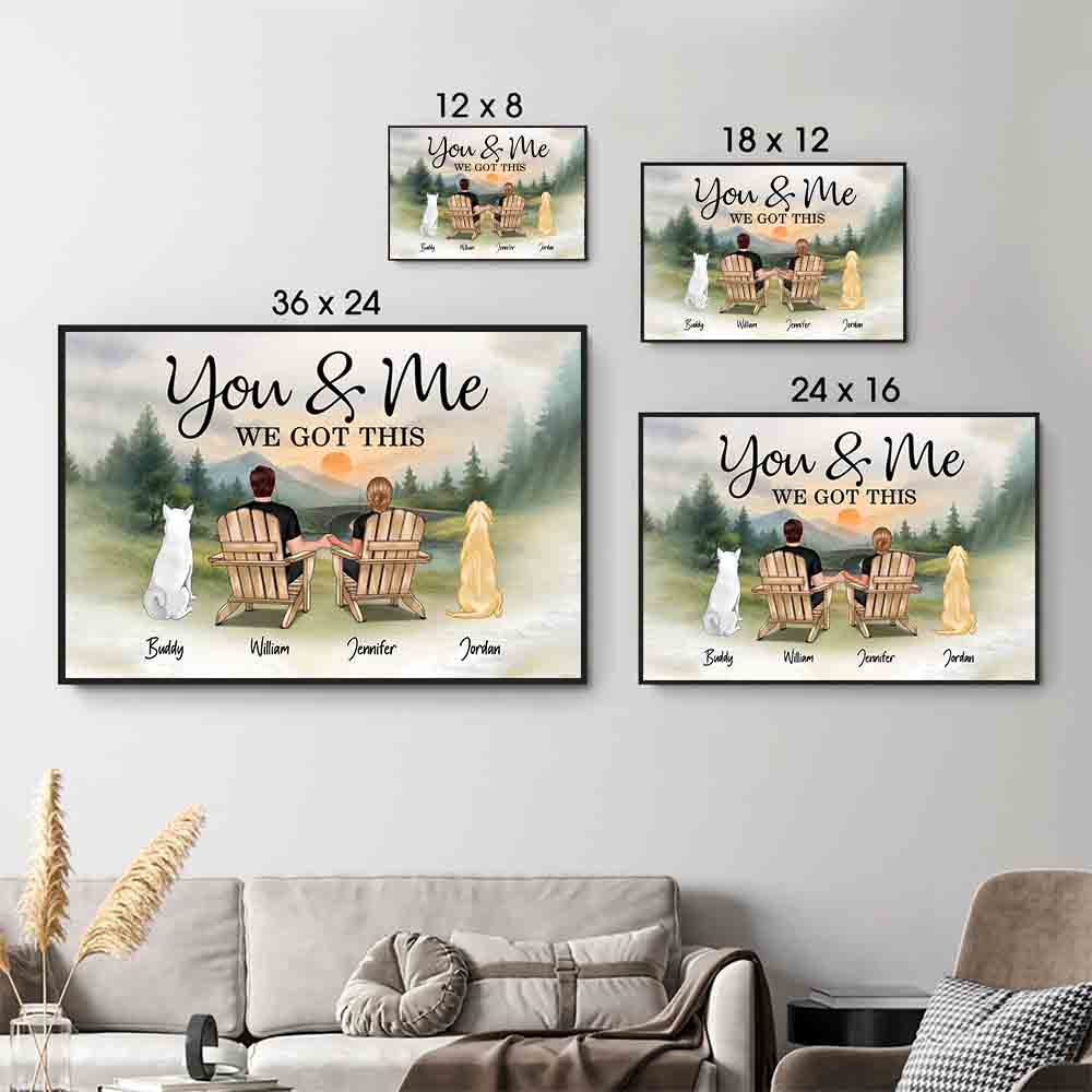 Personalized You & Me and the Dogs Couple canvas print, size options shown on a sofa wall