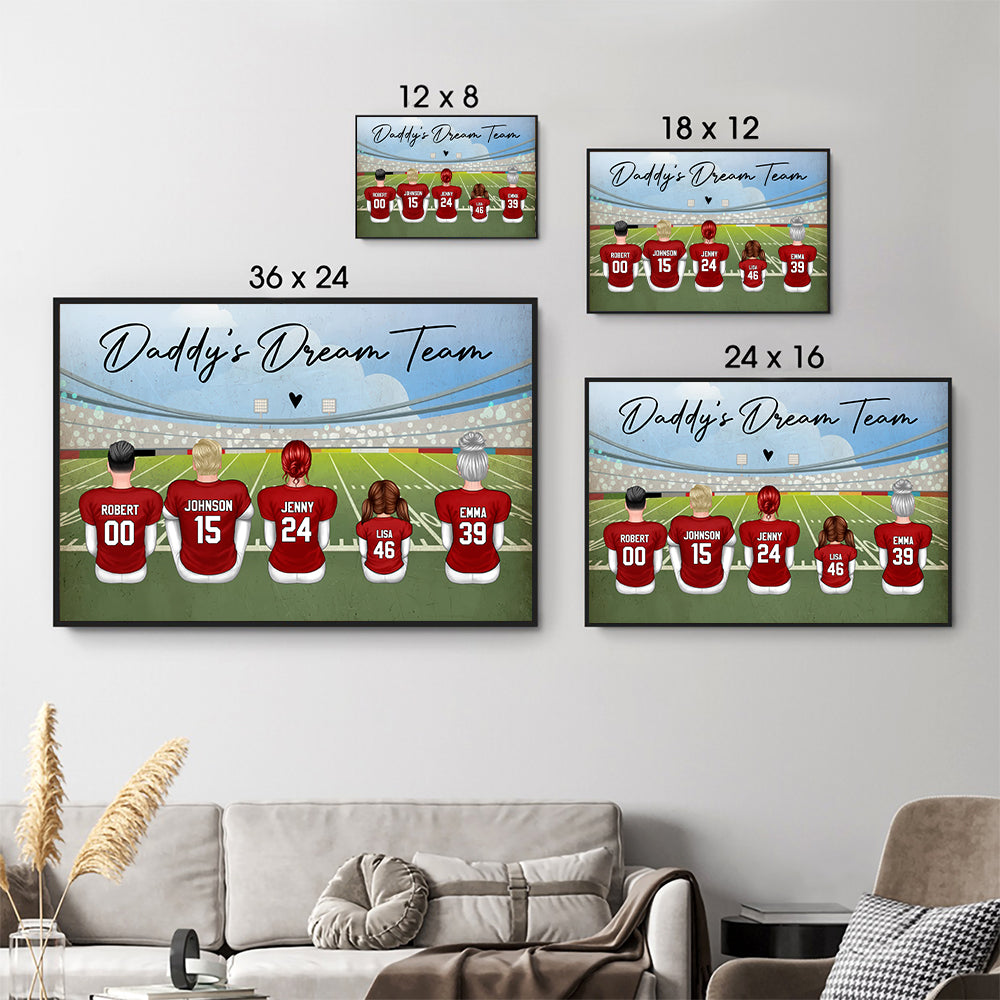 Personalized Football Dad Grandpa Dream Team poster, size options shown on a sofa wall