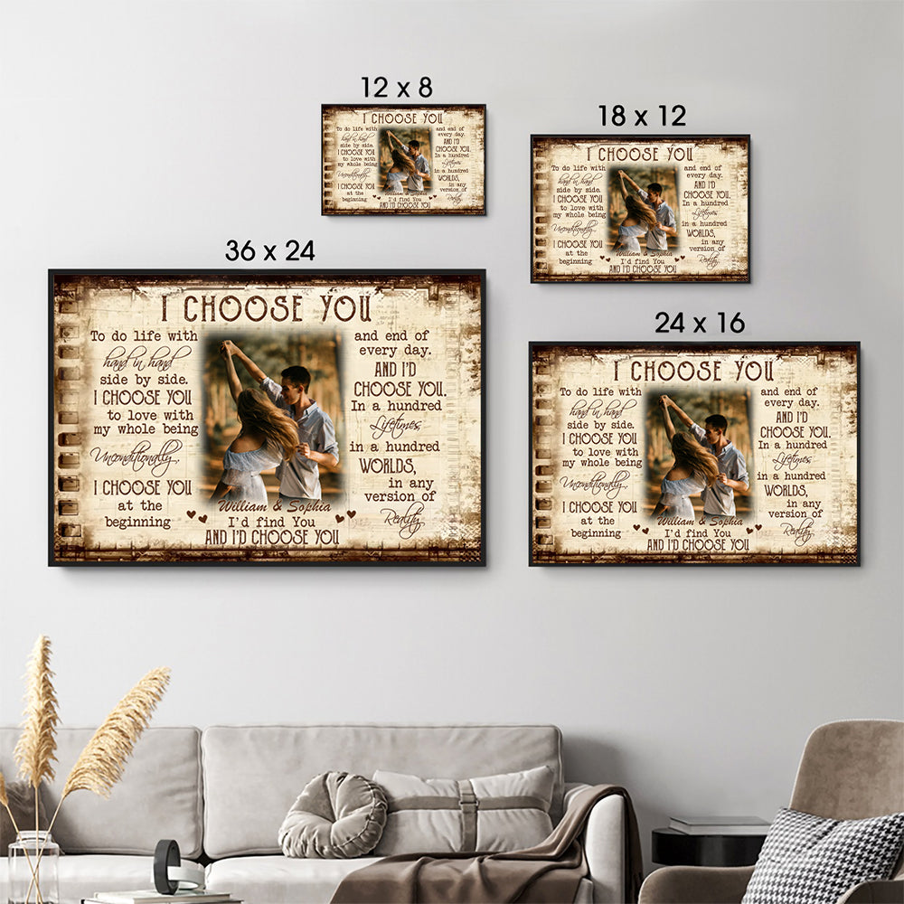 Custom Photo Couple I Choose You poster, size options shown on a sofa wall