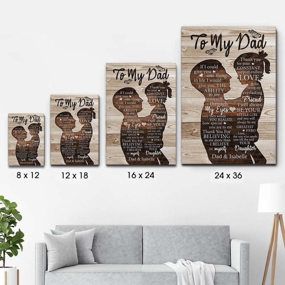 Personalized To My Dad Gift For Dad From Daughter poster, size options shown on a sofa wall
