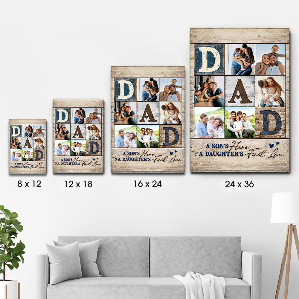 Personalized Custom Photo Collage You Are The World canvas print, size options shown on a sofa wall