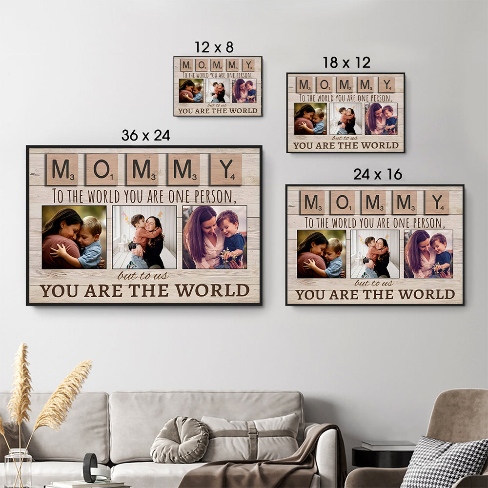 Personalized Mom's Custom Photo Canvas print, size options shown on a sofa wall