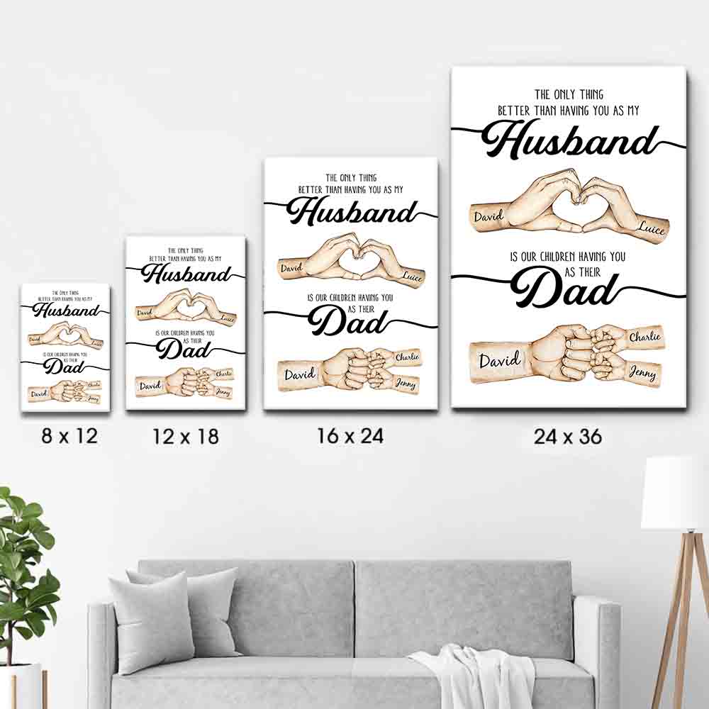 Personalized The Only Thing Better Husband Dad Hands poster, size options shown on a sofa wall