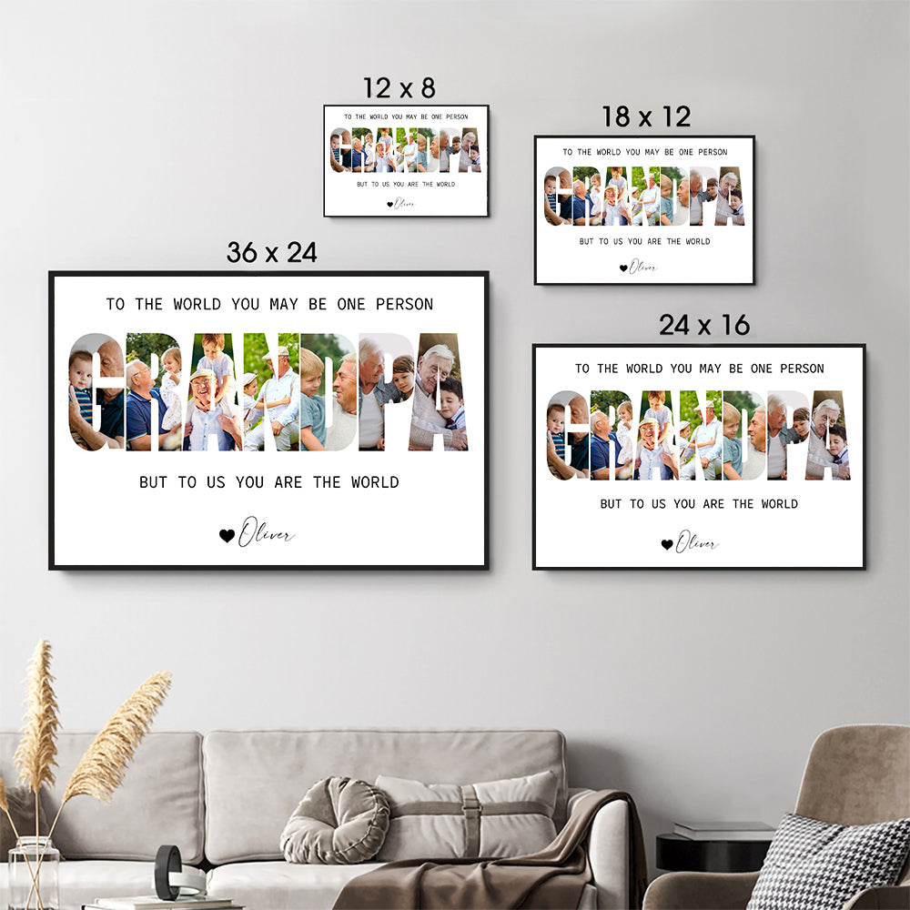 Custom Photo Grandpa Photo Collage poster, size options shown on a sofa wall