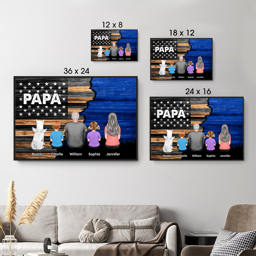 Personalized Dad Grandpa Back View Sitting With Kids Half Nation Flag poster, size options shown on a sofa wall