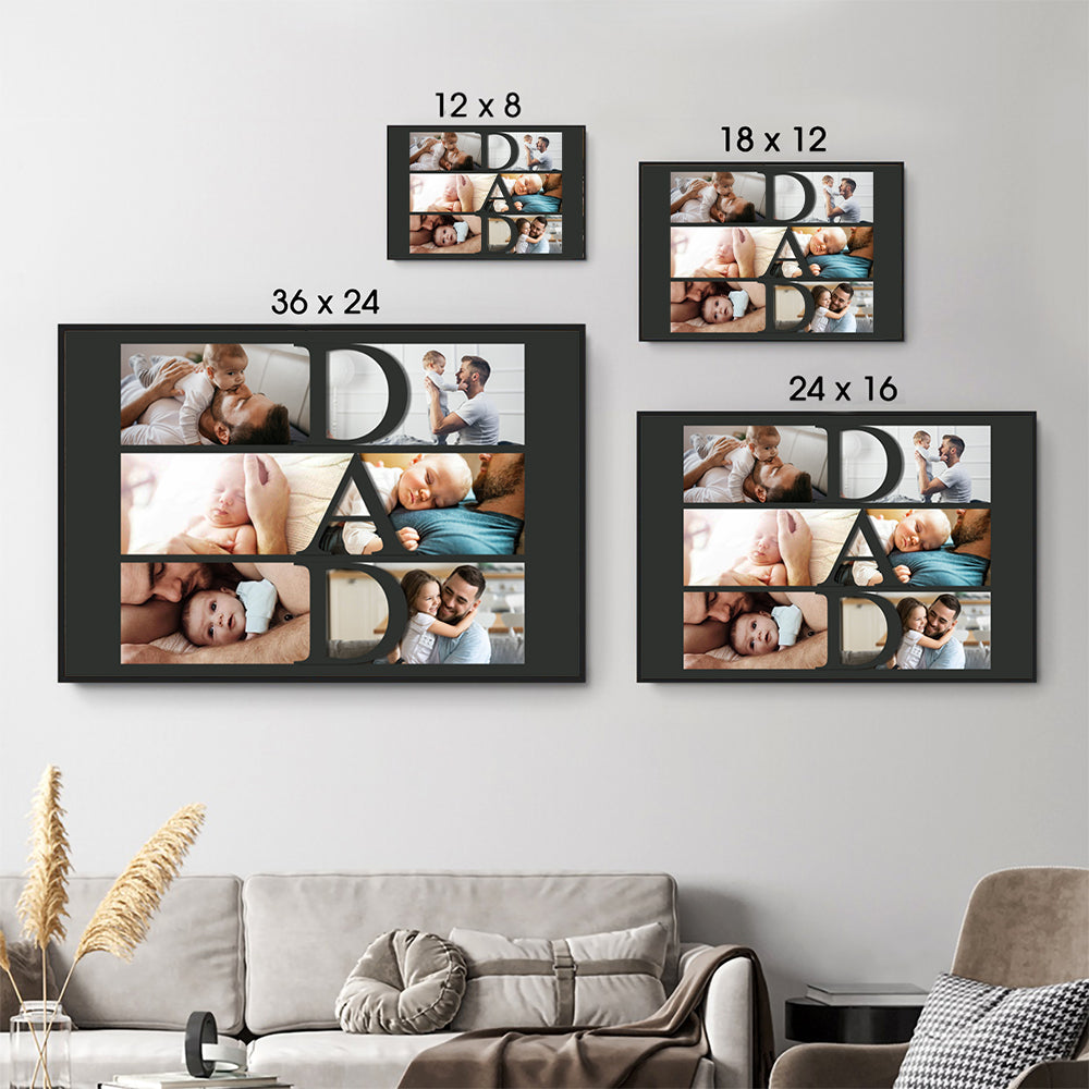 Custom Photo Dad Collage poster, size options shown on a sofa wall