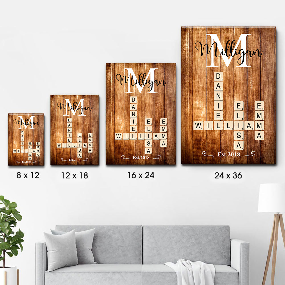 Personalized Family Name Crossword Puzzle Art canvas print, size options shown on a sofa wall