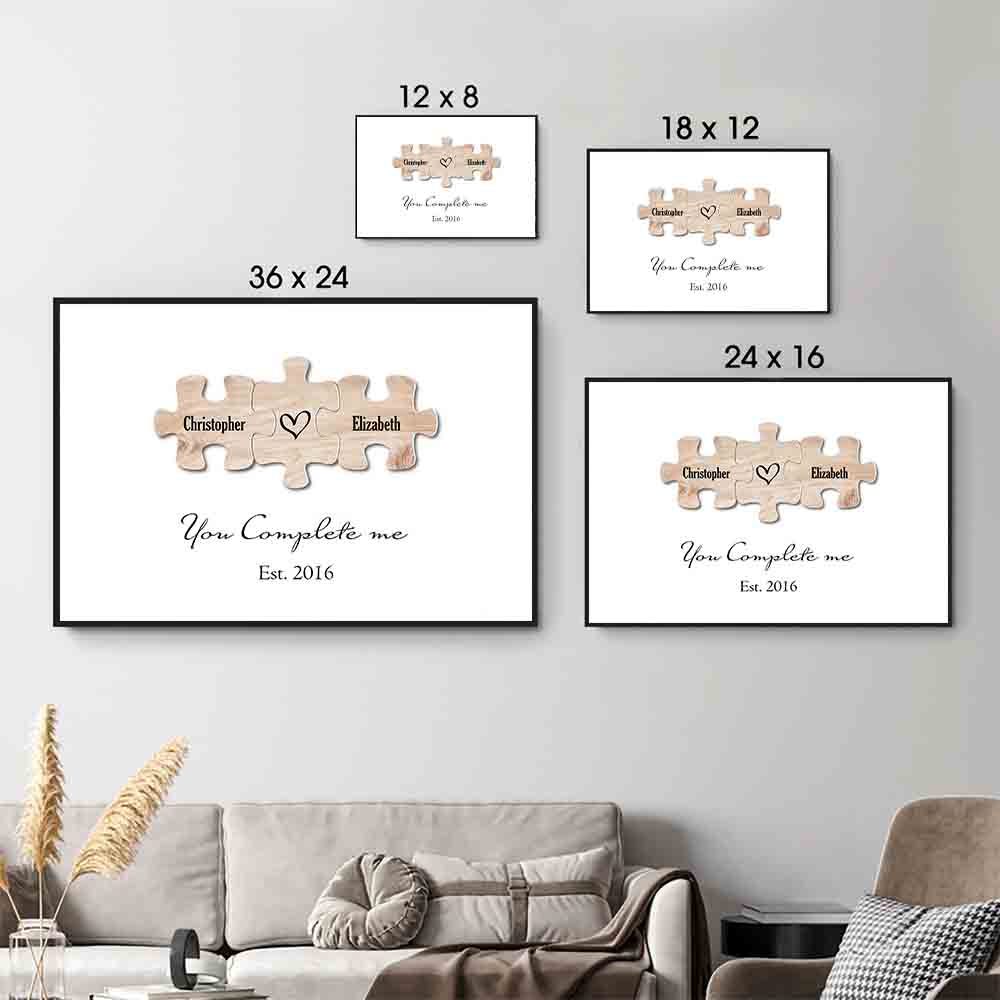 Personalized You Complete Me Couple Puzzle canvas print, size options shown on a sofa wall