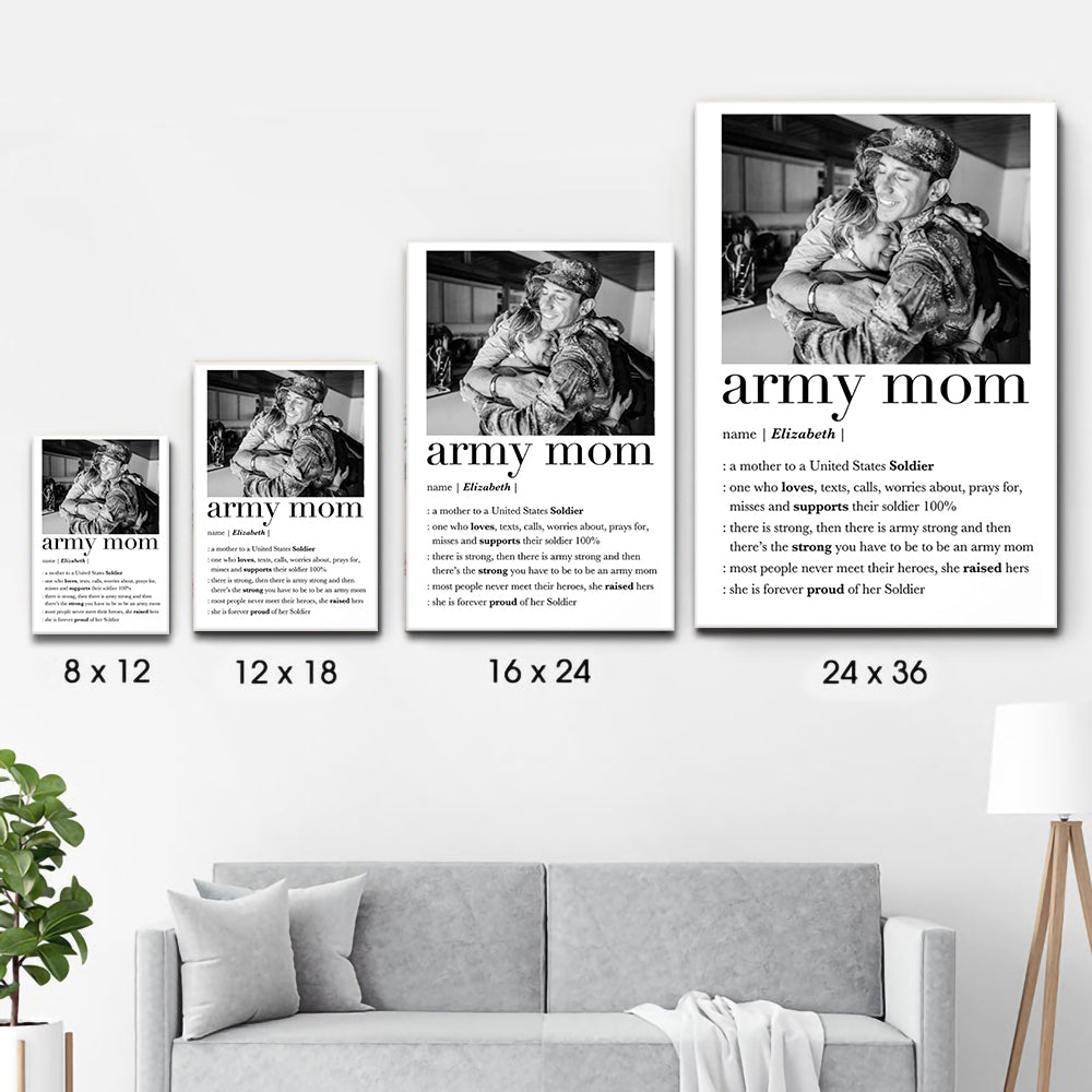 Custom Photo Army Mom poster, size options shown on a sofa wall