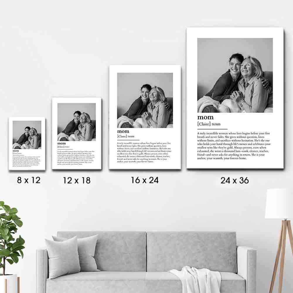 Custom Photo Mom Definition poster, size options shown on a sofa wall