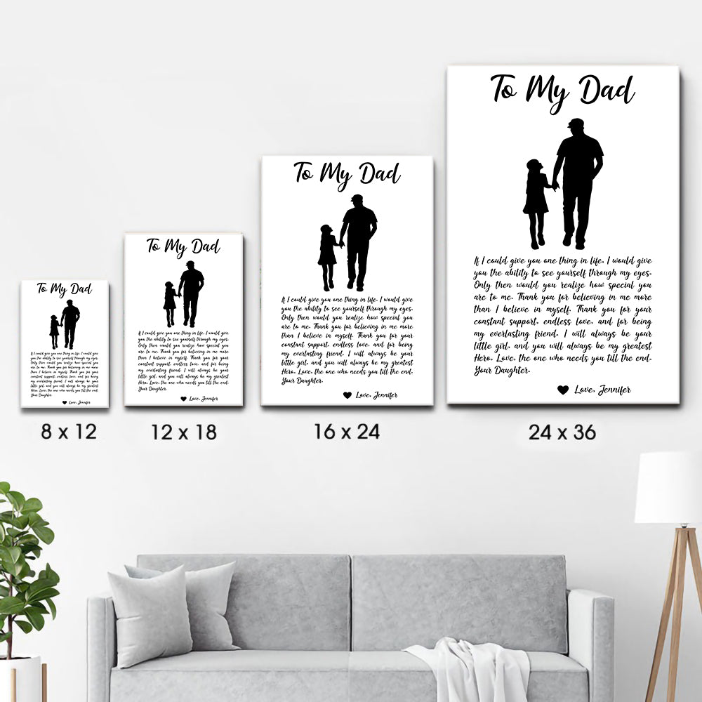 Personalized From Daughter To My Dad poster, size options shown on a sofa wall
