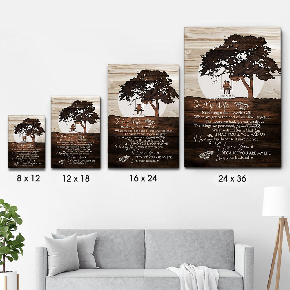 Personalized To My Wife Never Forget That I Love You Couple poster, size options shown on a sofa wall