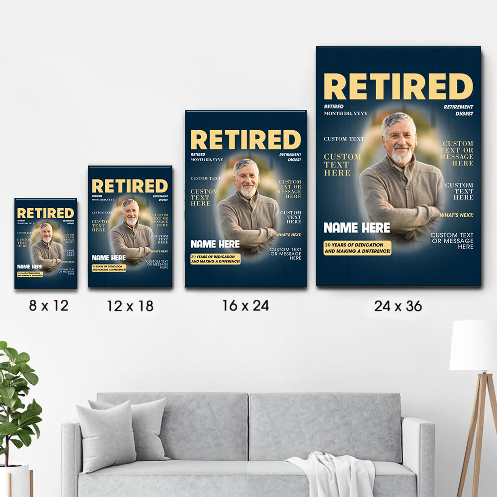 Custom Photo Retired Magazine poster, size options shown on a sofa wall