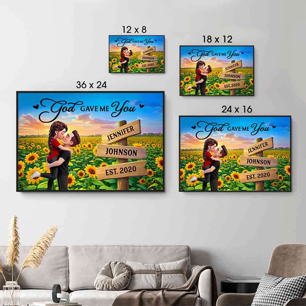 Personalized Couple Hugging Kissing Sunflower Field poster, size options shown on a sofa wall