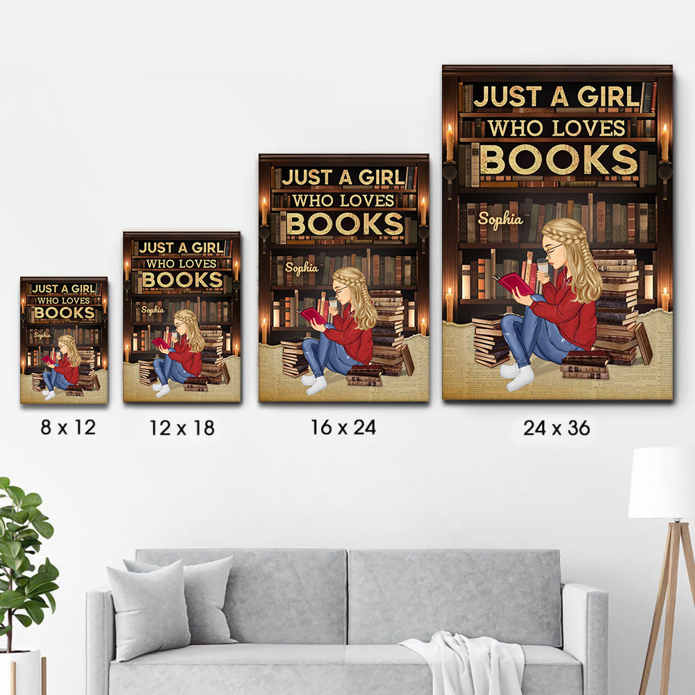 Personalized Just A Girl Who Loves Books Reading canvas print, size options shown on a sofa wall