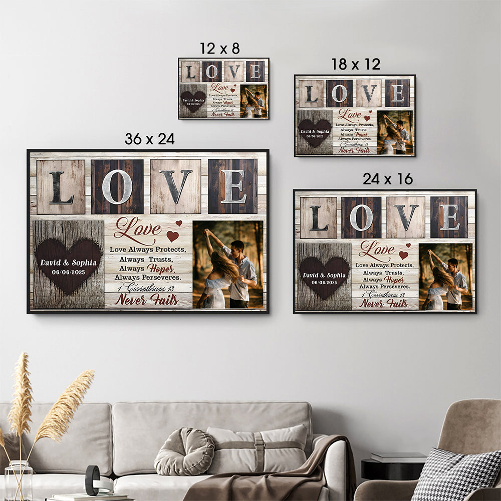 Custom Photo Couple Love Never Fails poster, size options shown on a sofa wall