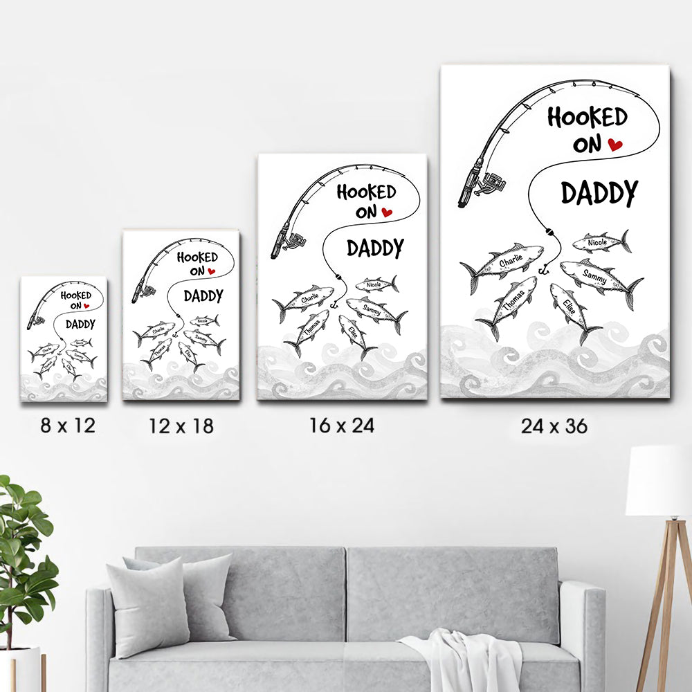 Personalized Fishes Hooked On Daddy Grandpa poster, size options shown on a sofa wall