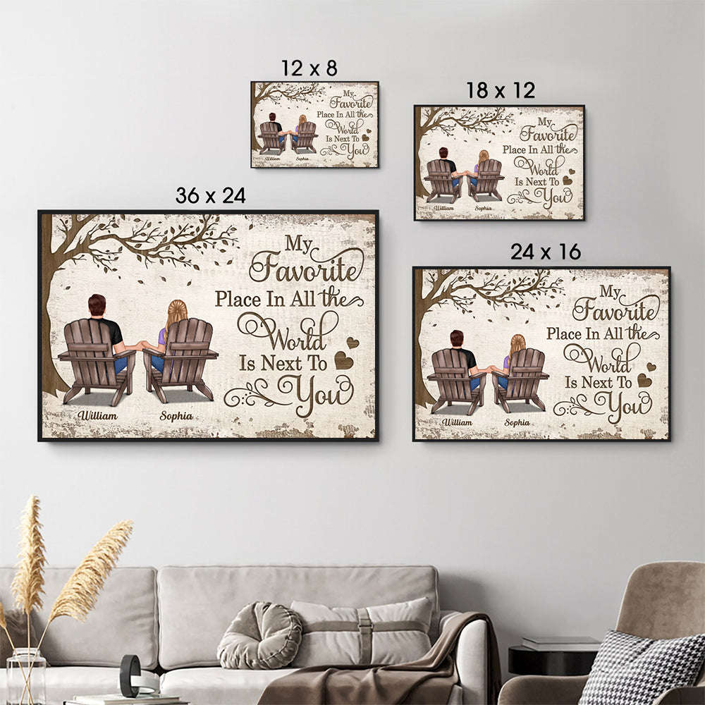 Personalized My Favorite Place In All The World Is Next To You Couple Sitting poster, size options shown on a sofa wall