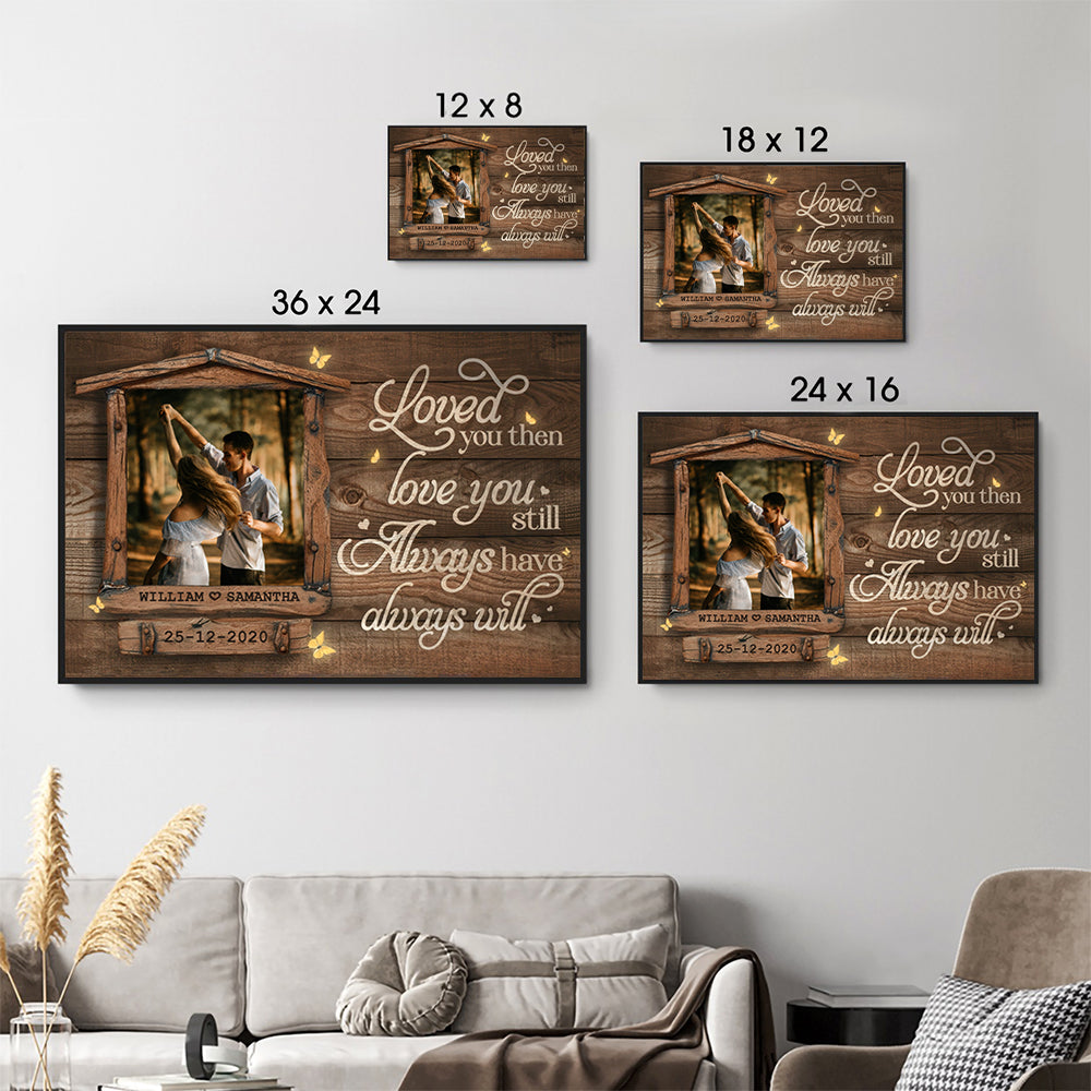 Personalized Custom Photo Love You Still Couple canvas print, size options shown on a sofa wall
