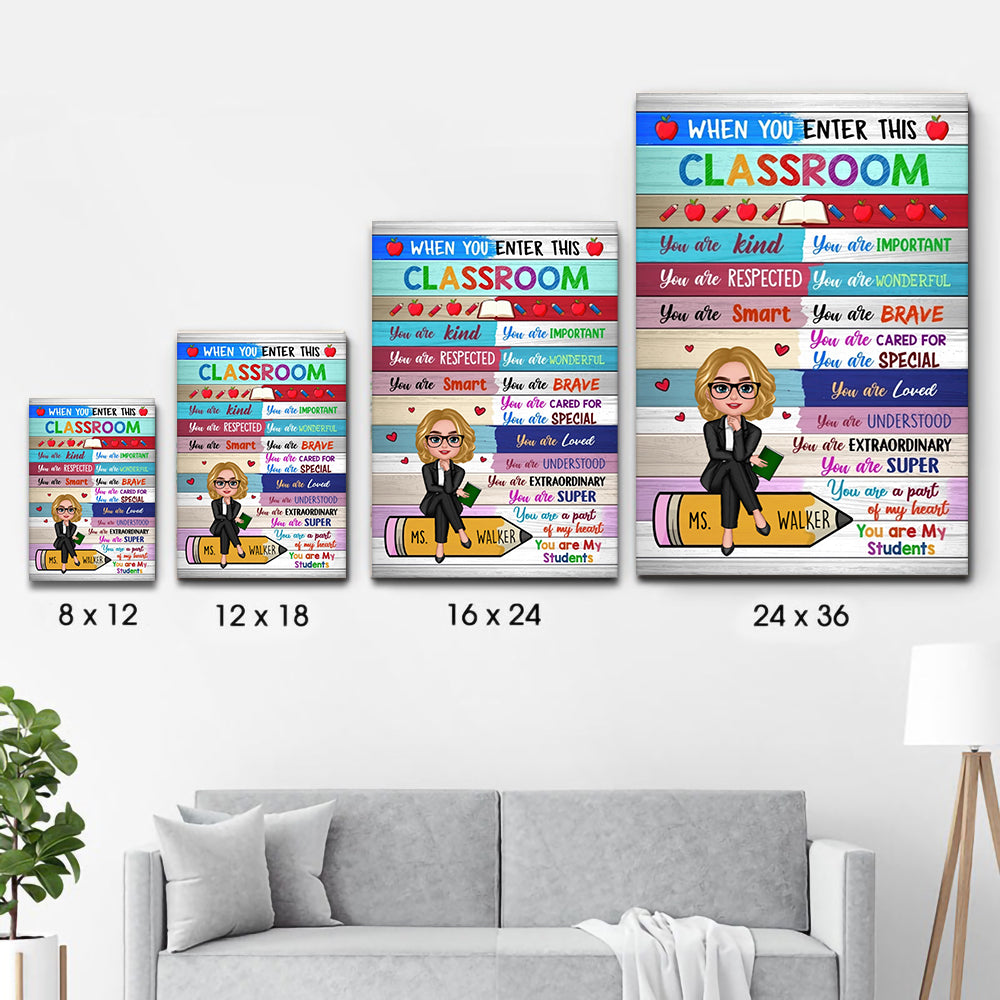 Personalized Colorful Teacher Sitting On Pencil poster, size options shown on a sofa wall