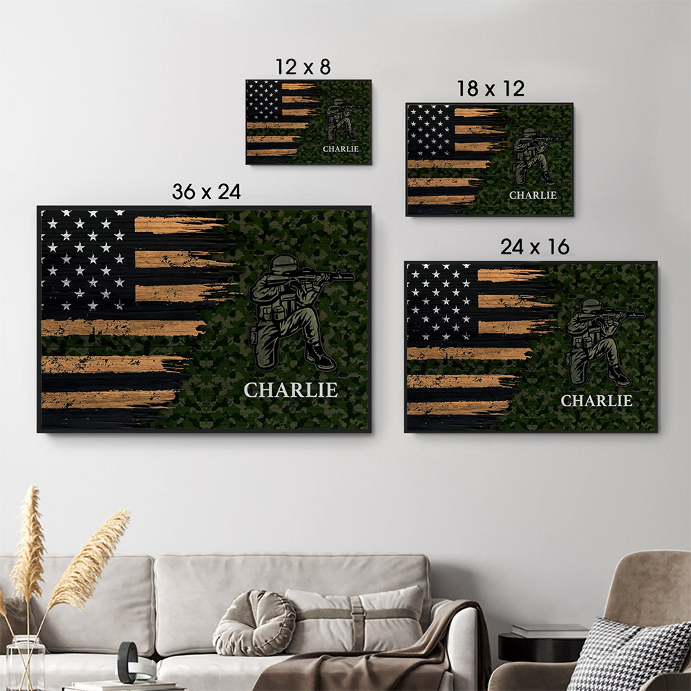 Personalized Half Thin Green Line Patriotic American Flag poster, size options shown on a sofa wall