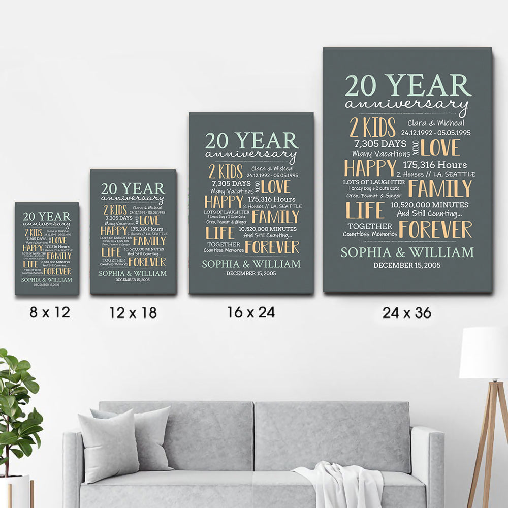 Personalized 20-Year Milestone Anniversary Couple canvas print, size options shown on a sofa wall