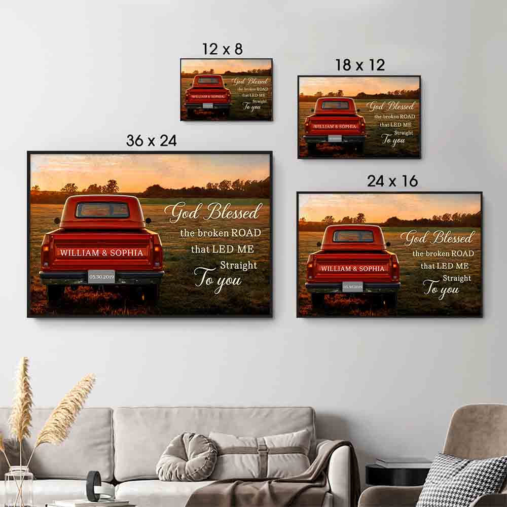 Personalized God Blessed The Broken Road Couple poster, size options shown on a sofa wall
