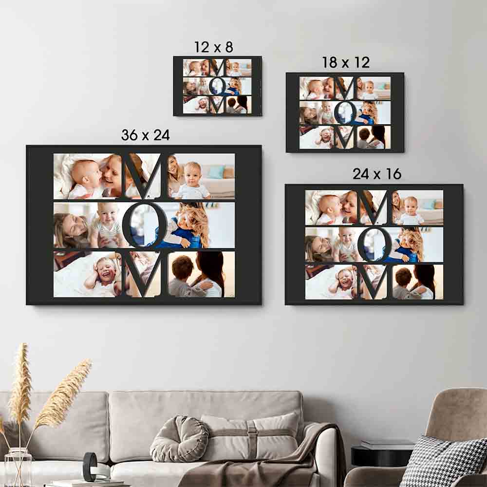 Custom Photo Mom Collage poster, size options shown on a sofa wall