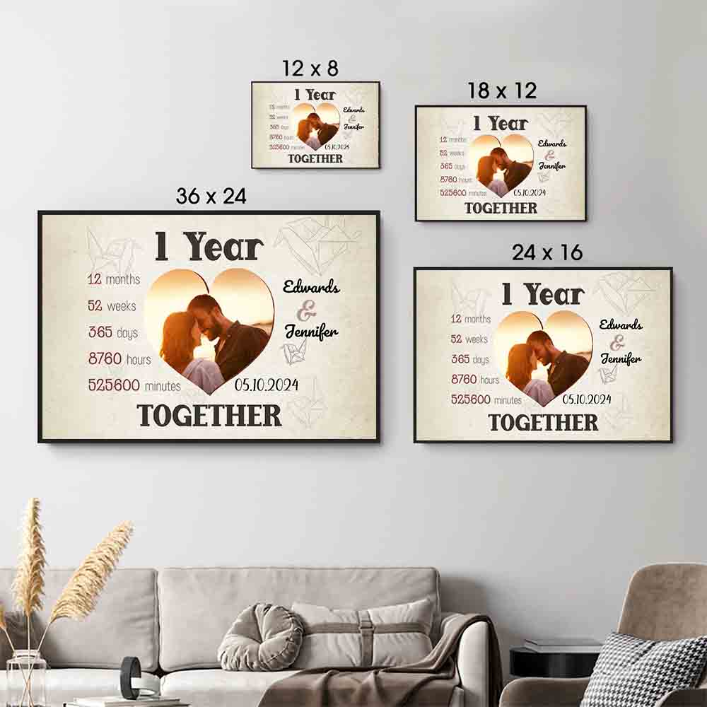 Personalized Custom Photo 1 Year Together Heart-Shaped Couple canvas print, size options shown on a sofa wall