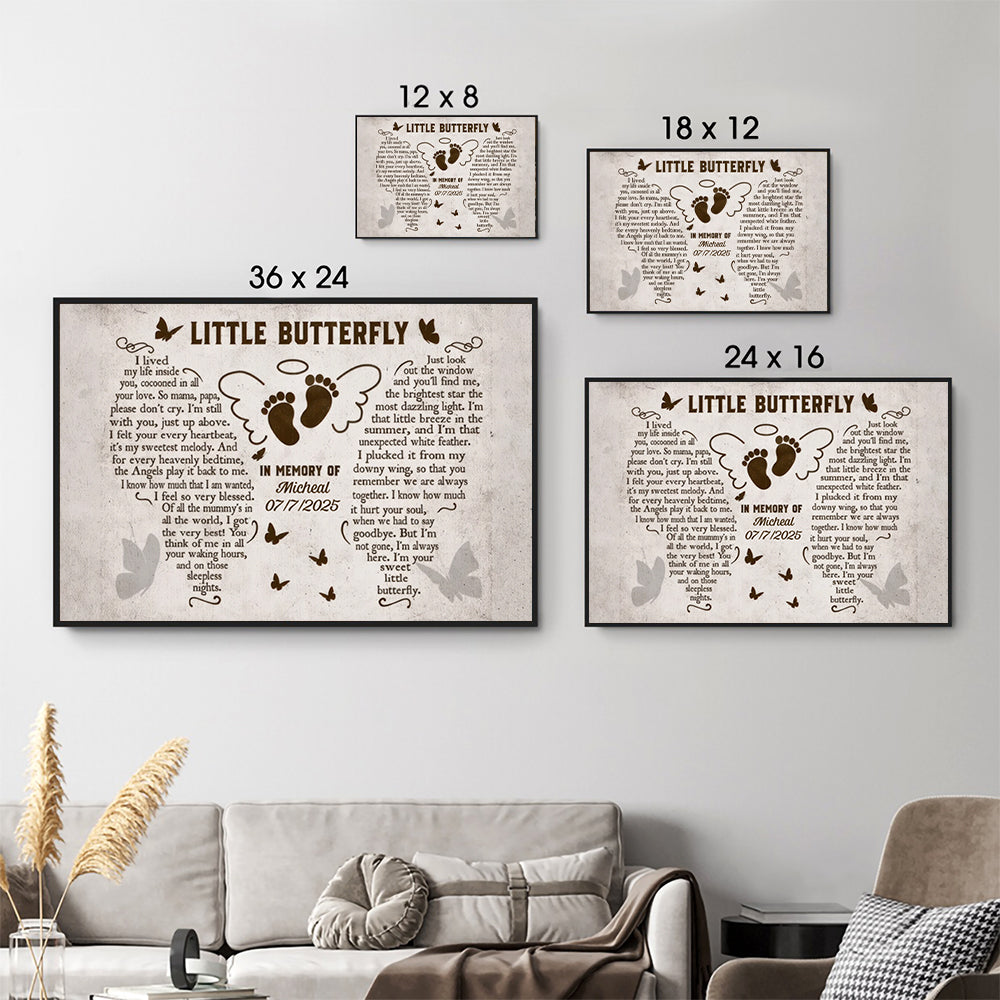 Personalized Custom Miscarriage Memorial Gift canvas print, size options shown on a sofa wall