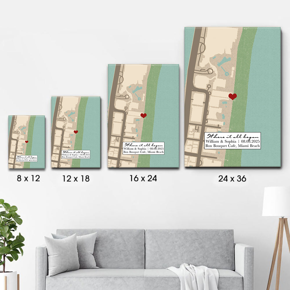 Personalized Where It All Began Where We Met Map Couple poster, size options shown on a sofa wall