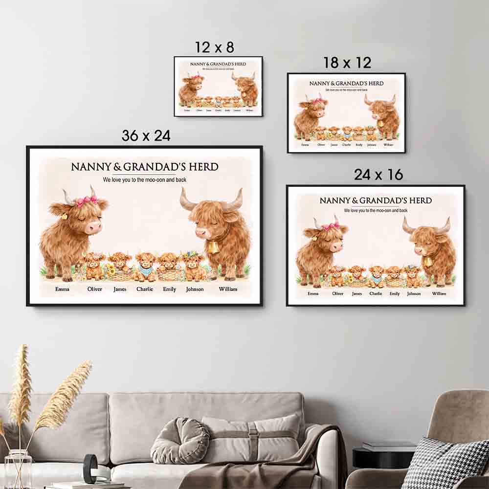 Grandparents's Herd Highland Cow Family - Personalized Poster/Canvas Prints - Gift For Grandma, Grandpa, Grandparents